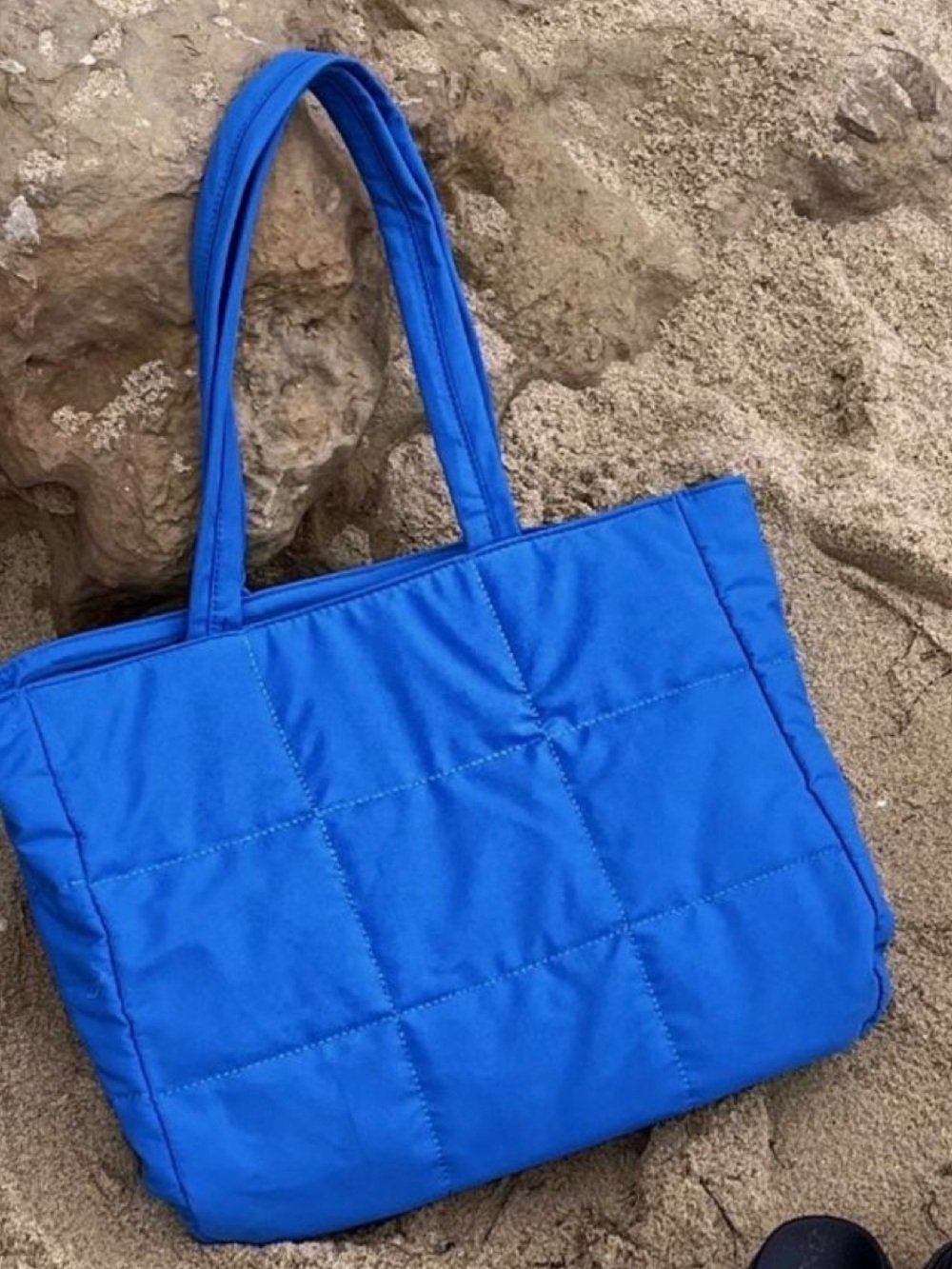 Blue Quilted Tote Bag With Zipper